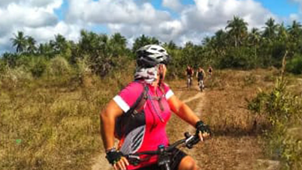 three cyclists ride their bicycles in the savannah